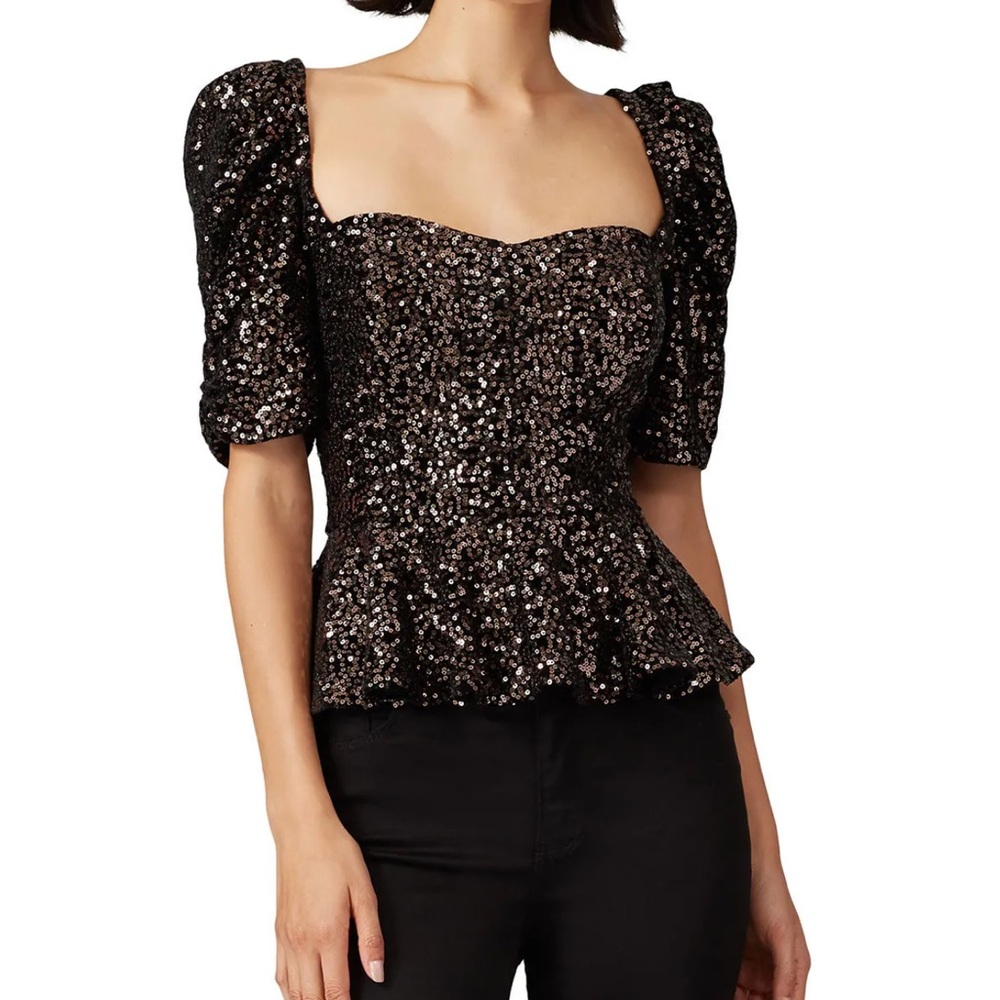 Amanda Uprichard Natasha Black Sequin Peplum Top Puff Sleeve Small